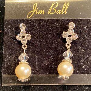 Jim Ball Pearl Drop Earrings with Crystal Accents - Cream